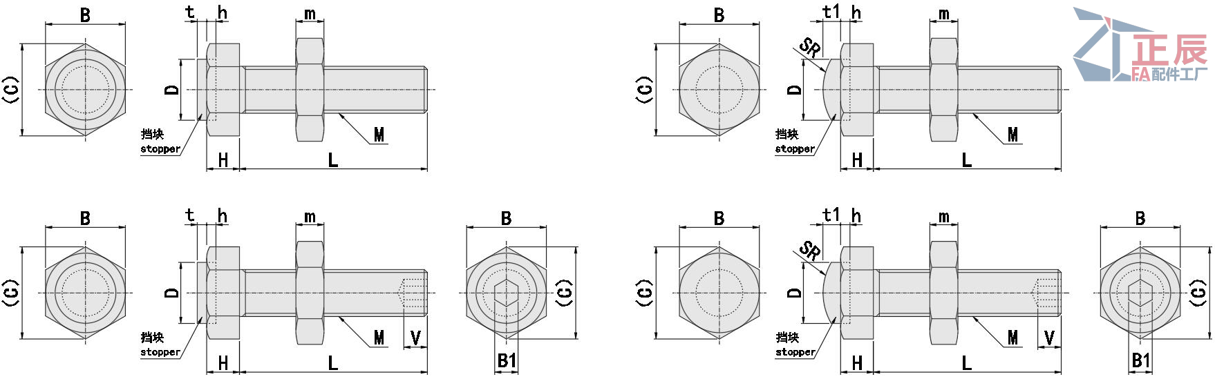 Pernos de tope con topes Forma recta estándar UST SUST LUST PUST PSST