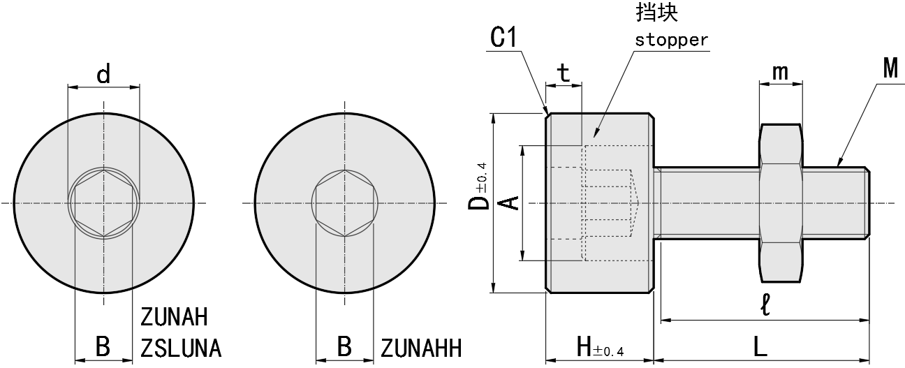 Pernos de tope: cabeza hueca hexagonal, con tope de uretano