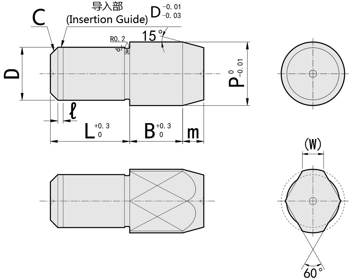 Pasador de localización de cabeza grande Cabeza redonda/de diamante Punta cónica Vástago recto JPBB